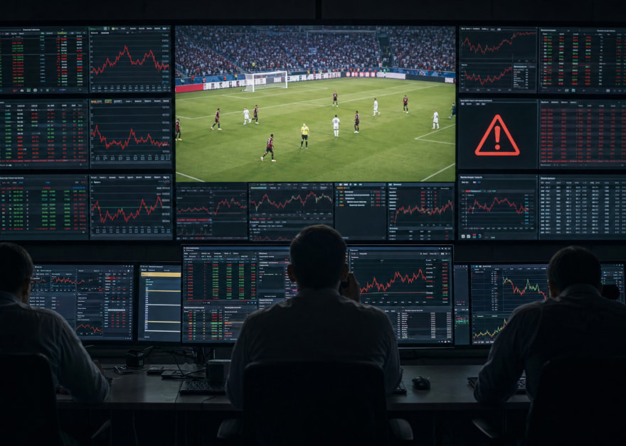 Analistas vigilan cuotas de apuestas y un partido de fútbol con una señal de alerta en pantalla