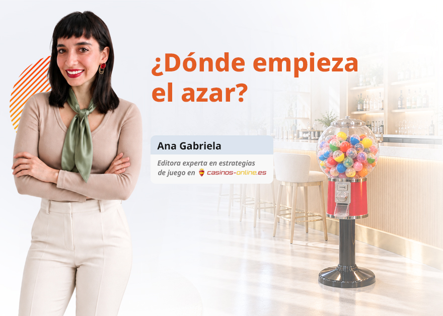 Ana Gabriela Rivera junto a una máquina de bolas de un bar y la pregunta de dónde empieza el azar.