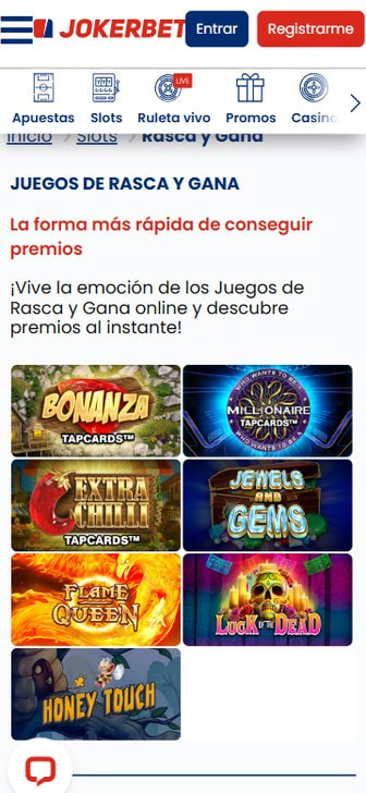 Catálogo de rasca y gana de JOKERBET en el móvil con sus siete juegos