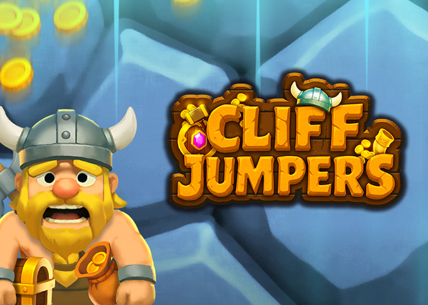 Vikingo animado junto al logotipo de Cliff Jumpers, el juego de R. Franco Digital