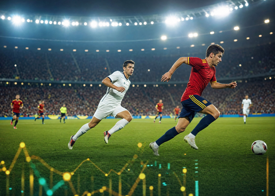 Futbolista con camiseta roja conduce el balón en un estadio lleno durante un partido europeo