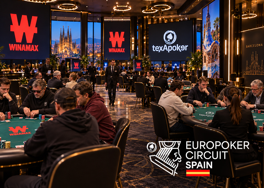 Sala de torneos con mesas de póker y logos de Winamax y Texapoker en el EuroPoker Circuit de Barcelona