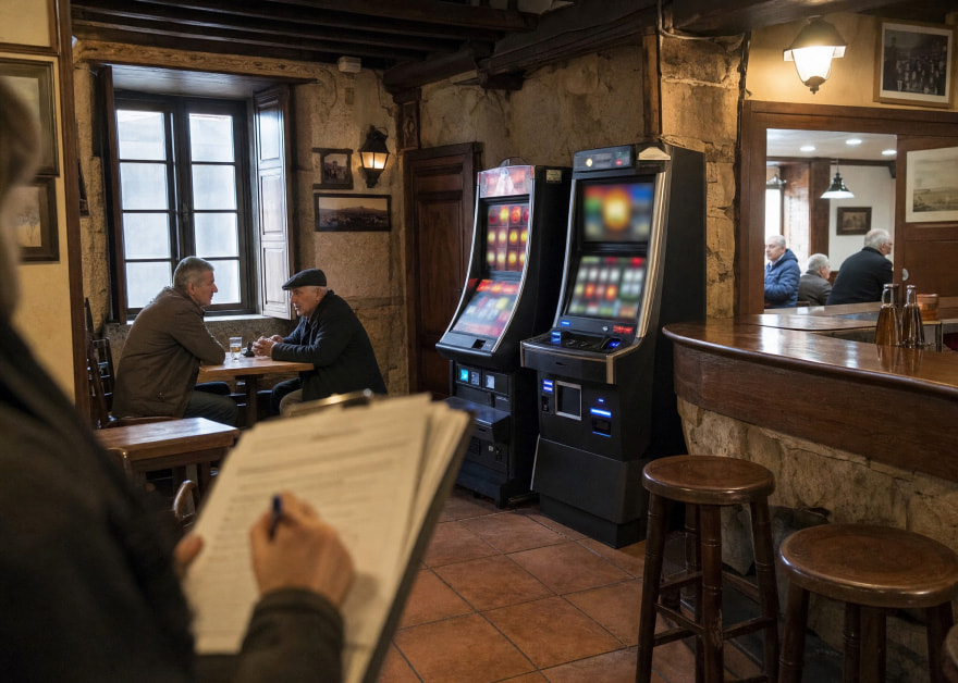 Dos máquinas tragaperras junto a la barra de un bar tradicional mientras un inspector toma notas