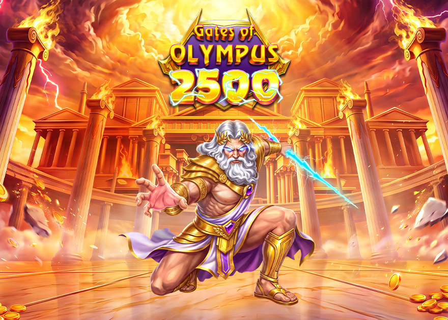 Zeus con un rayo en la mano ante un templo griego, bajo el logo de Gates of Olympus 2500.