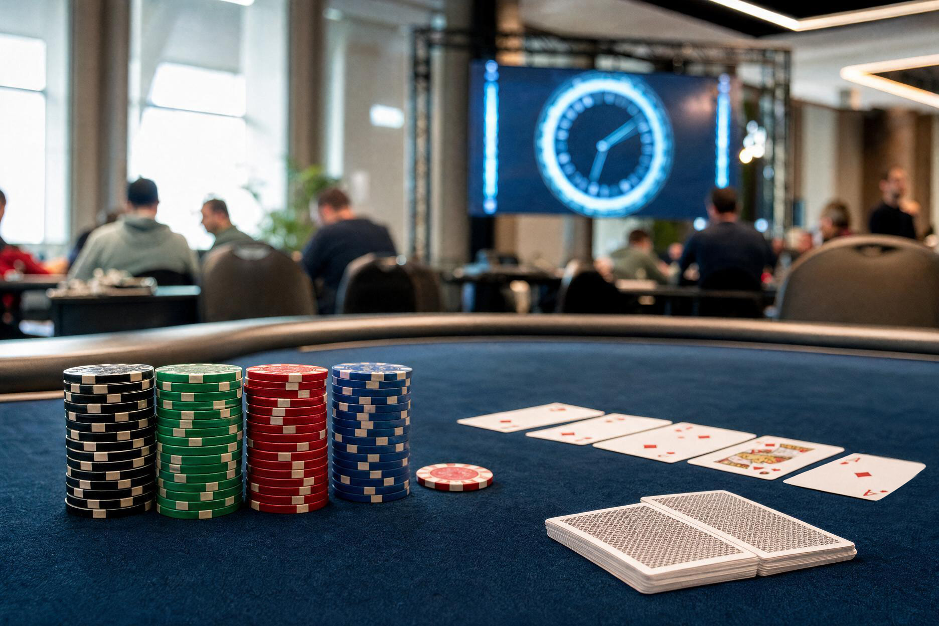Fichas de póker apiladas y cartas sobre una mesa de torneo con el reloj de niveles al fondo