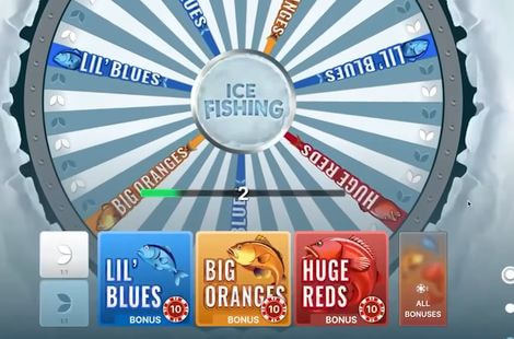 Rueda de Ice Fishing de Evolution con sus tres minijuegos de bonus en vivo.