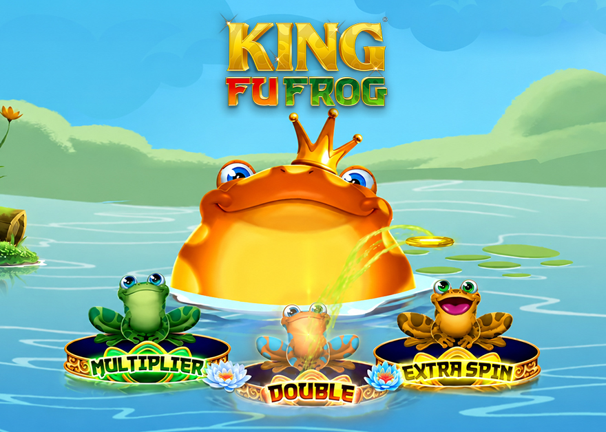 Rana dorada con corona de la slot King Fu Frog de Zitro junto a las ranas Multiplier, Double y Extra Spin