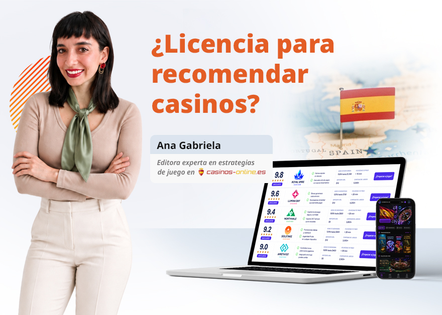 Ana Gabriela Rivera junto a un ranking de casinos online y la pregunta de si hace falta licencia para recomendarlos.