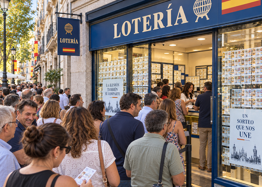 Cola de compradores ante una administración de Lotería con décimos de Navidad en el escaparate