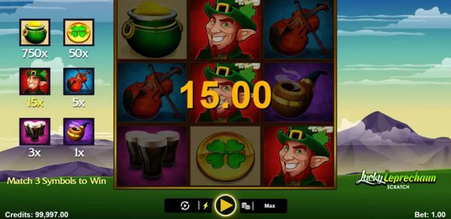 Premio de 15 créditos en Lucky Leprechaun Scratch al reunir tres duendes