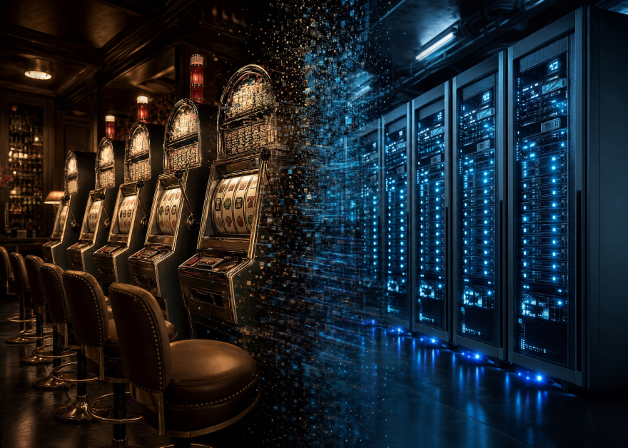 Máquinas tragaperras de casino que se transforman en racks de servidores de un centro de datos