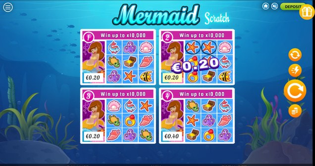 Partida de Mermaid Scratch con las cuatro tarjetas rascadas y un premio de 0,20€