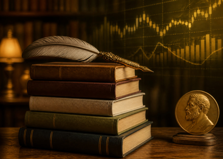Libros antiguos, una pluma y una medalla con un perfil junto a un gráfico de cuotas