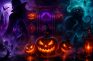 Tragaperras de Halloween con calabazas iluminadas, un vampiro y un monstruo marino