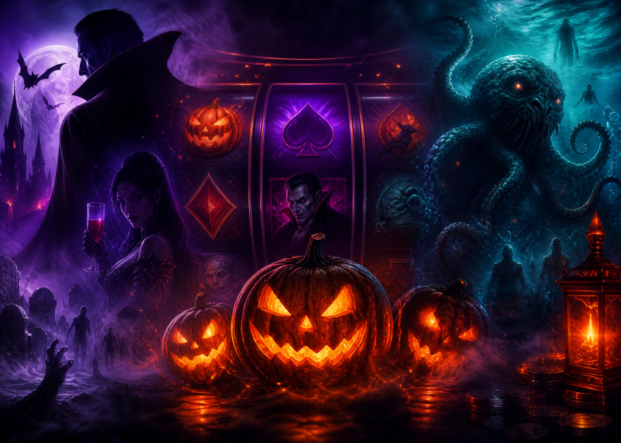 Tragaperras de Halloween con calabazas iluminadas, un vampiro y un monstruo marino