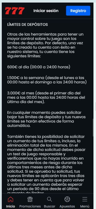 Límites de depósito de Casino777 en el móvil: 600€ al día y 3.000€ al mes.