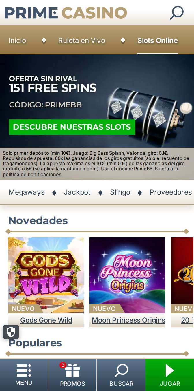 Tragaperras en la web móvil de Prime Casino, uno de los casinos nuevos.