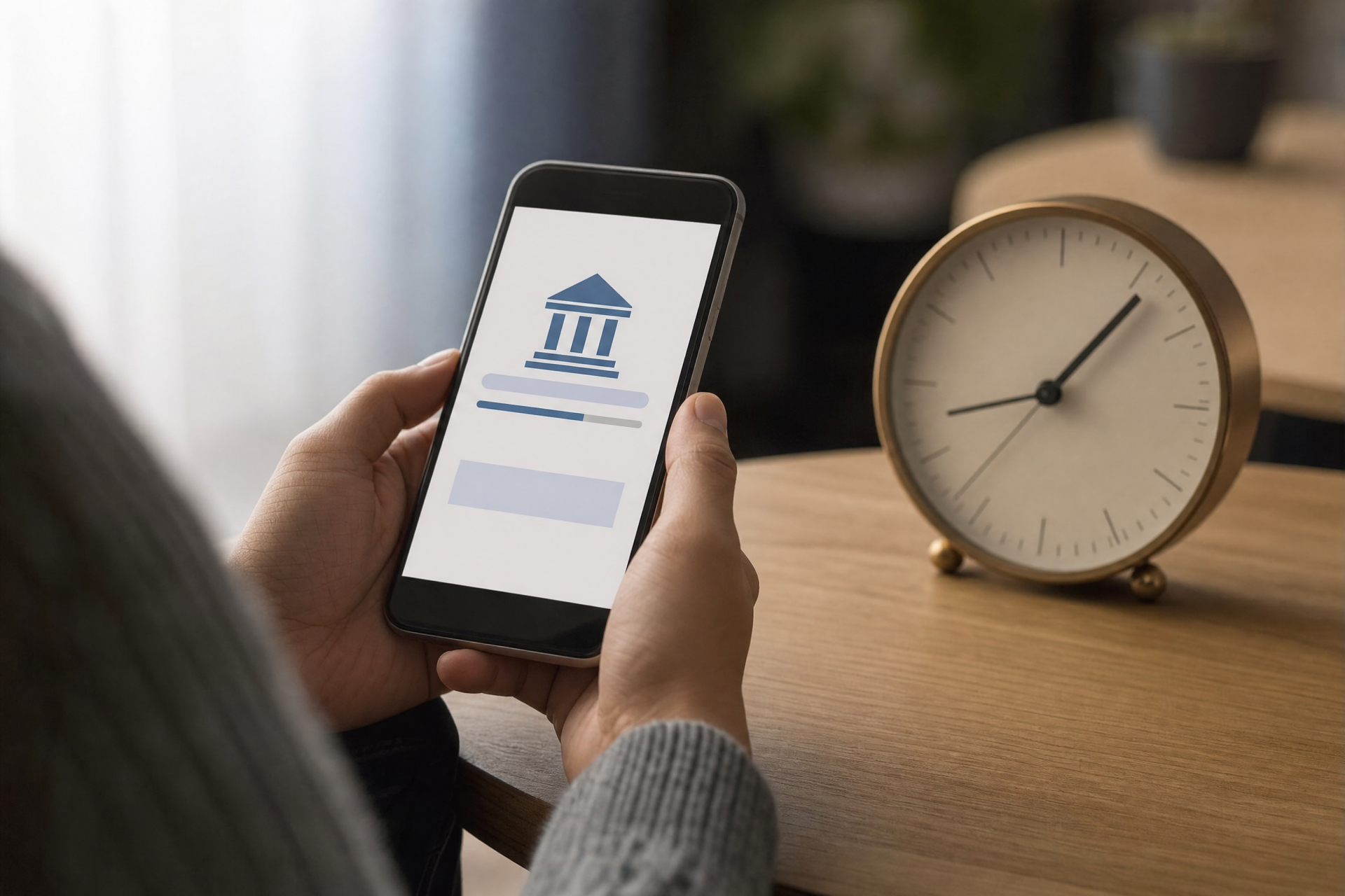 Persona con una app bancaria en el móvil junto a un reloj mientras espera una retirada