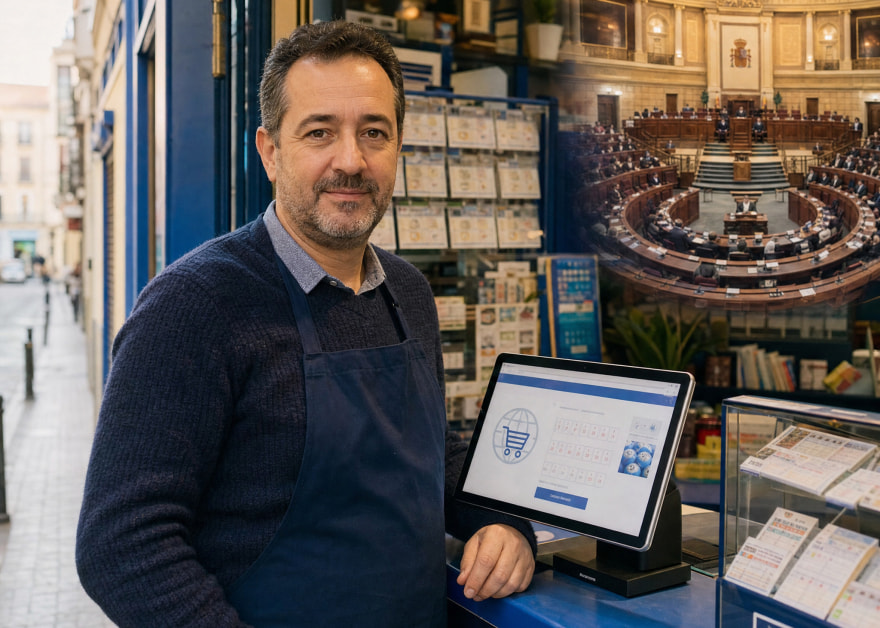 Lotero con delantal junto a una pantalla de compra online, con el hemiciclo del Senado al fondo
