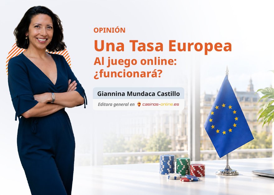Giannina Mundaca Castillo junto a fichas de casino y una bandera de la Unión Europea