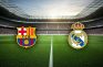 Escudos del FC Barcelona y del Real Madrid sobre el césped de un estadio antes del Clásico