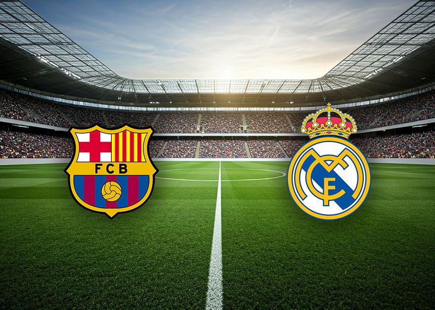 Escudos del FC Barcelona y del Real Madrid sobre el césped de un estadio antes del Clásico