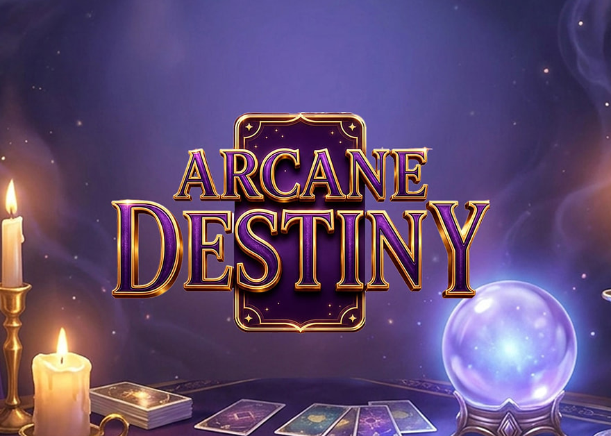 Logo de la slot Arcane Destiny con cartas del Tarot, velas y una bola de cristal