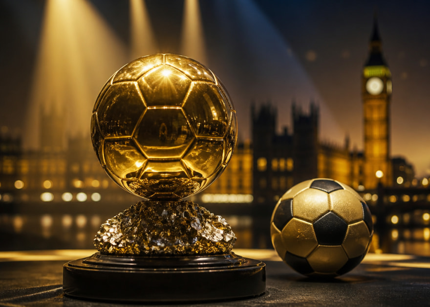 Trofeo dorado con forma de balón y un balón de fútbol ante el Big Ben de Londres de noche