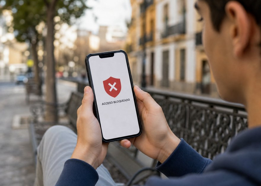 Joven mira en su móvil un aviso de acceso bloqueado a una web de juego ilegal