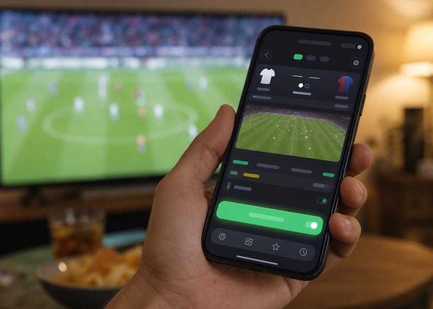 Mano con un móvil que muestra una apuesta en directo frente a un partido en la televisión