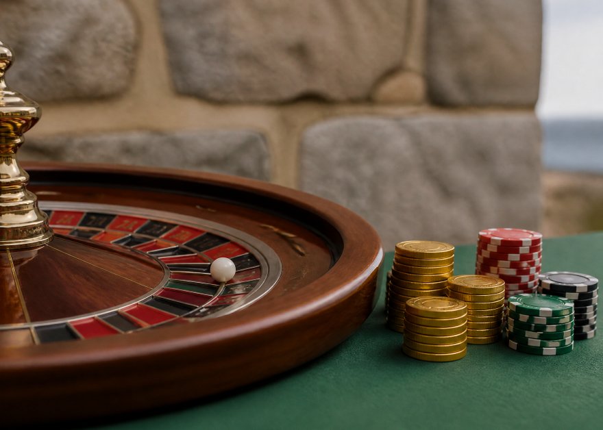 Ruleta de casino con fichas apiladas sobre una mesa verde