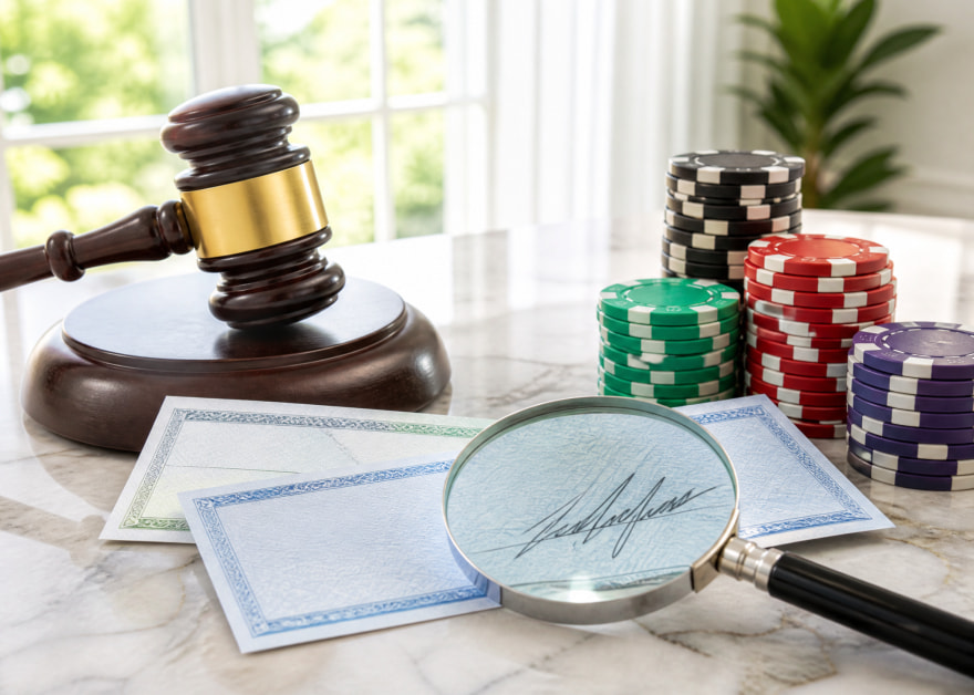 Mazo de juez, fichas de casino y una lupa sobre la firma de un cheque