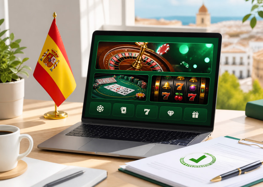 Portátil con juegos de casino online junto a una bandera de España