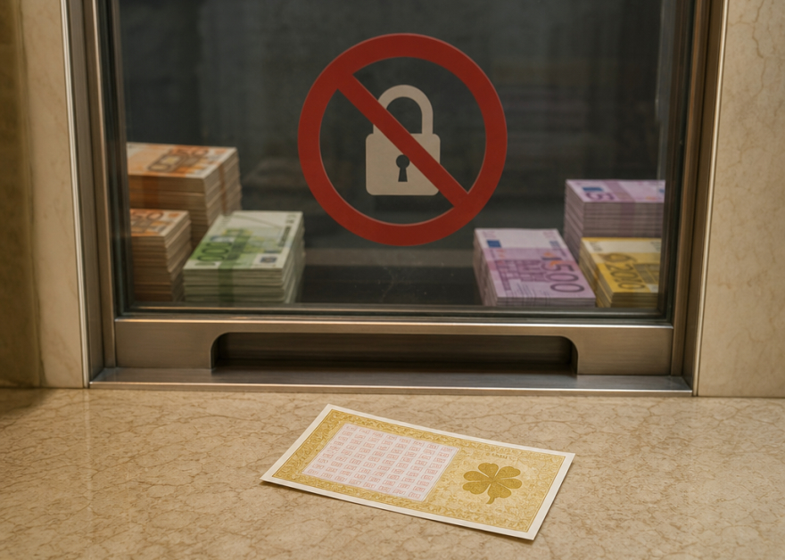 Cupón de lotería ante una ventanilla de cobro cerrada con billetes y señal de bloqueo