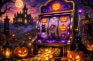Tragaperras de Halloween con calabazas, fantasmas y gatos negros ante una mansión encantada